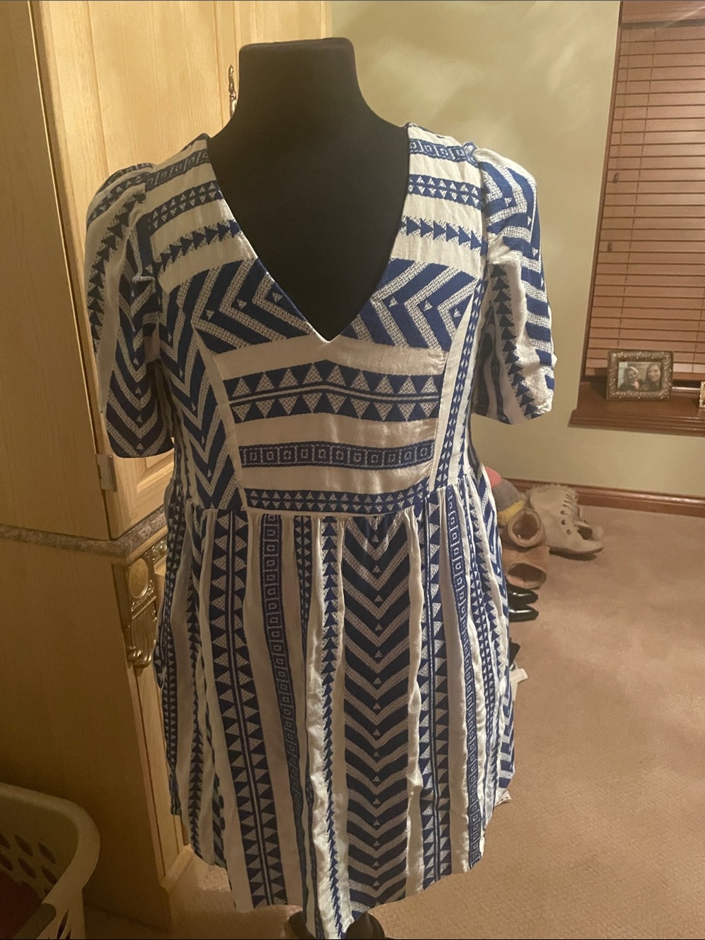 Old Navy Blue and White V-Neck Mini Dress